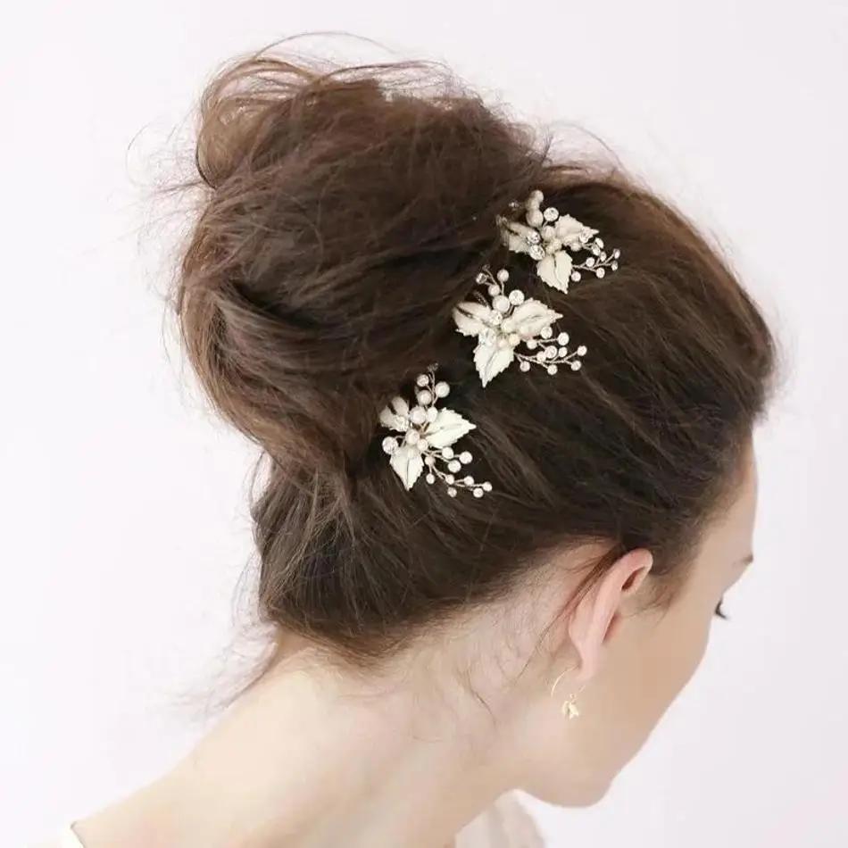 1Pair Wedding Bridal Bridesmaid Pearl Crystal Leaf Headpiece Hair Pin Hairpin Pearl Headwear Hairpin Ornaments Fashion Accessory