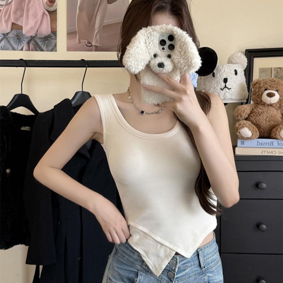 #Autumn and Winter New Polished Wide Strap Vest Inner Slim and Thin Irregular Hem Fixed Cup Short
