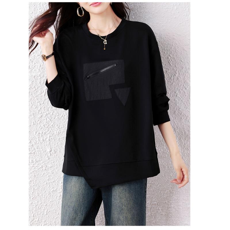 DIMANAF 2025 Plus Size Women Hoodies Shirts Autumn T-shirt Long Sleeve Loose Casual Tops Tees Black