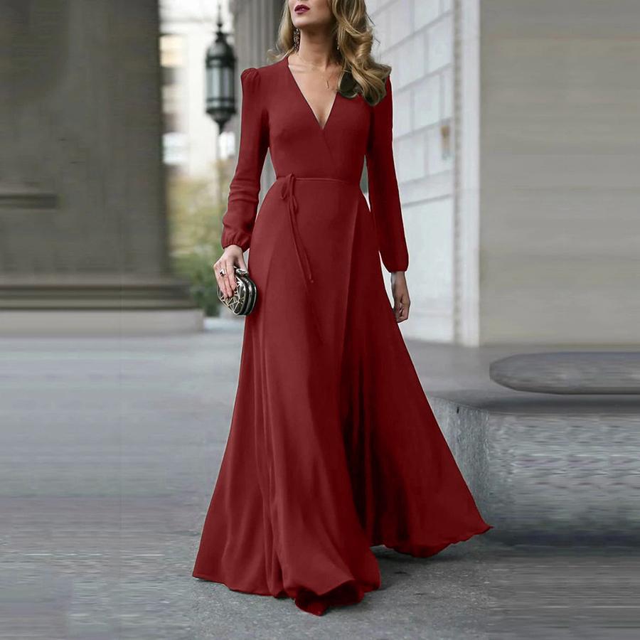 V-Neck Long Sleeve Dress with Tassels, Slim Fit, Elegant Maxi Dress for Women