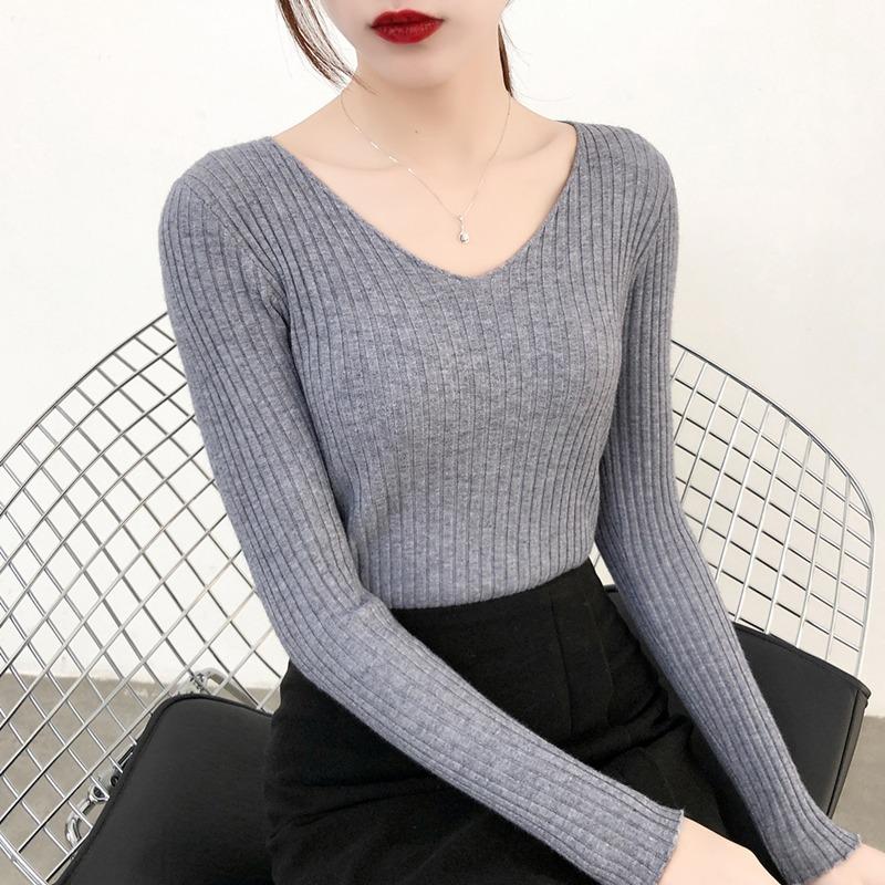 Autumn and Winter V-neck Knitted Sweater for Women Fashion Slim Fit Long Sleeve Base Pullover Sweaters Tops Ladies Elegant Solid Woman Knitwear 24978