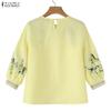 ZANZEA Women Lace Splice Round Neck 3/4 Sleeve Loose Print Blouse