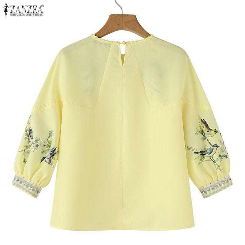 ZANZEA Women Lace Splice Round Neck 3/4 Sleeve Loose Print Blouse