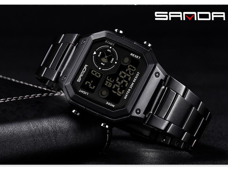 Sanda Men's Waterproof Multifunctional Digital Watch - Small Square, Steel Band