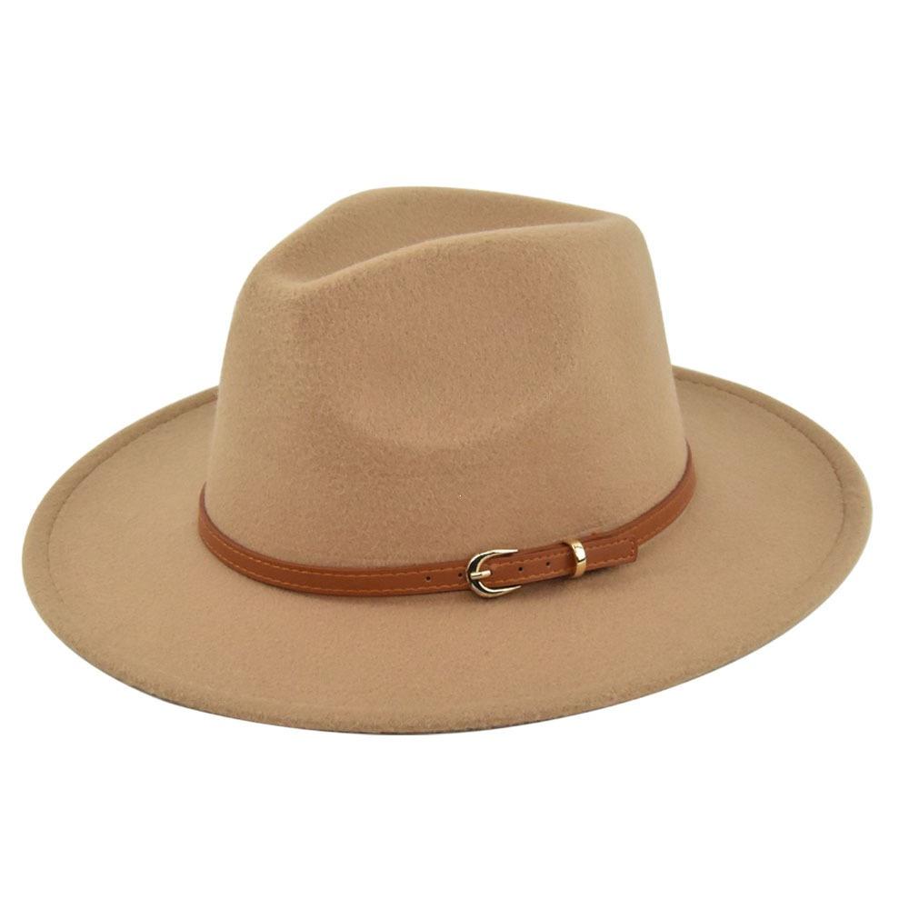 Retro jazz hat, dark khaki belt, woolen hat, cowboy ancient black woolen hat, flat brim hat