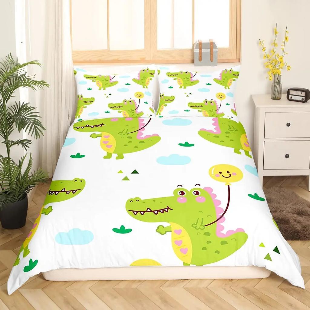 Gren Frog Crocodile Beding Soft Duvet Cover for Children Kids Young Boys Young Girls Pond Lotus Flowers Carton Lovely Animals Children Women Rom Decor