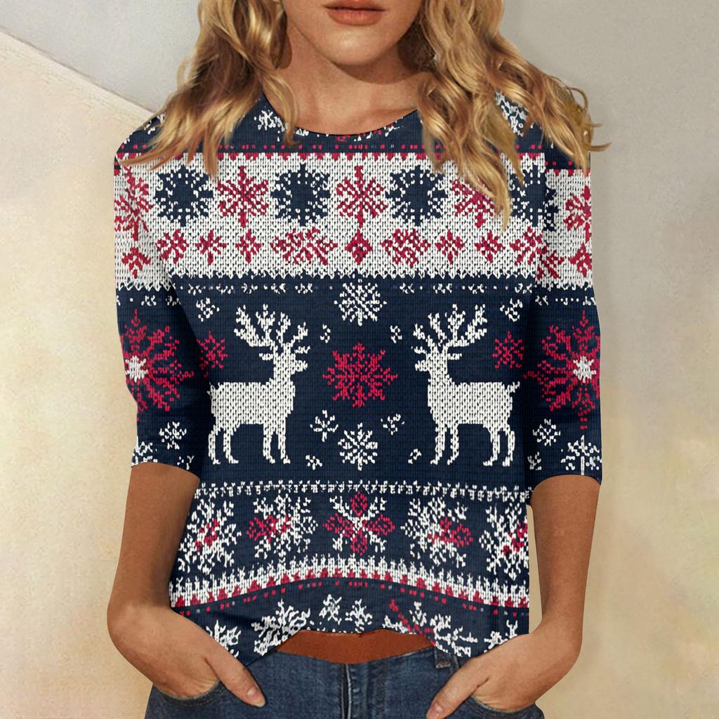 Women's Tops Three-quarter Sleeve Shirt V-neck Loose Casual Shirt Print T-shirt