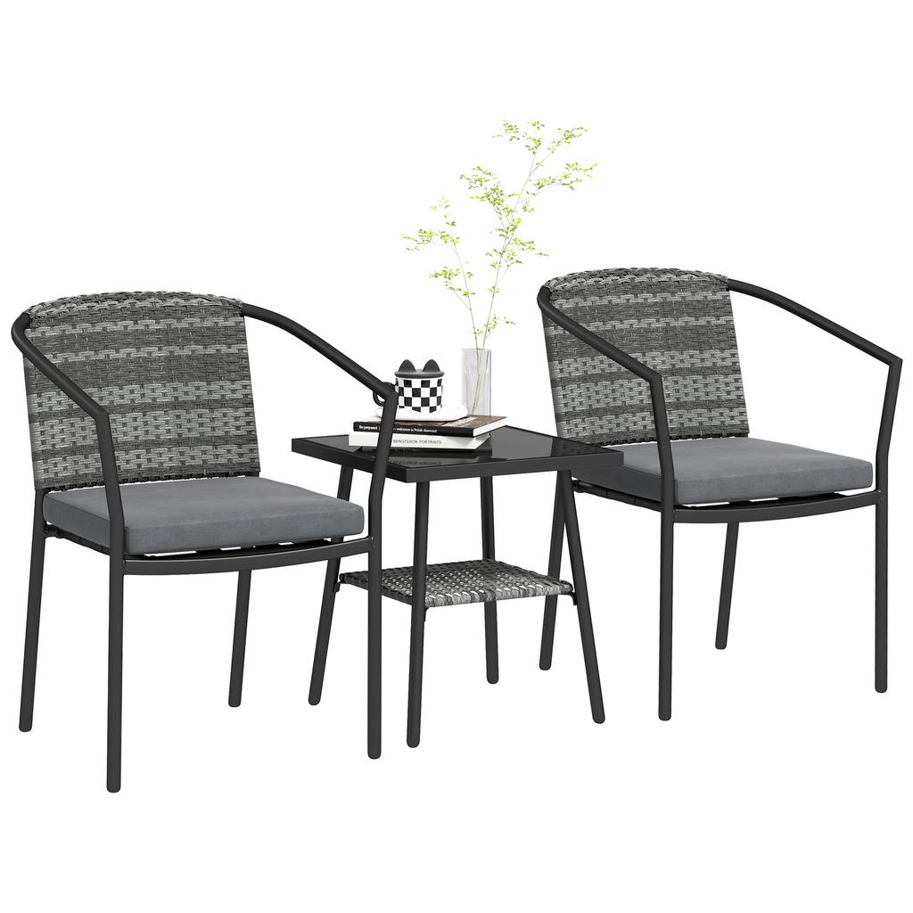 3 Pieces Rattan Bistro Set with Cushions, Wicker Garden Furniture Set, Glass Top Coffee Table and Chairs for Outdoor Patio, Balcony
