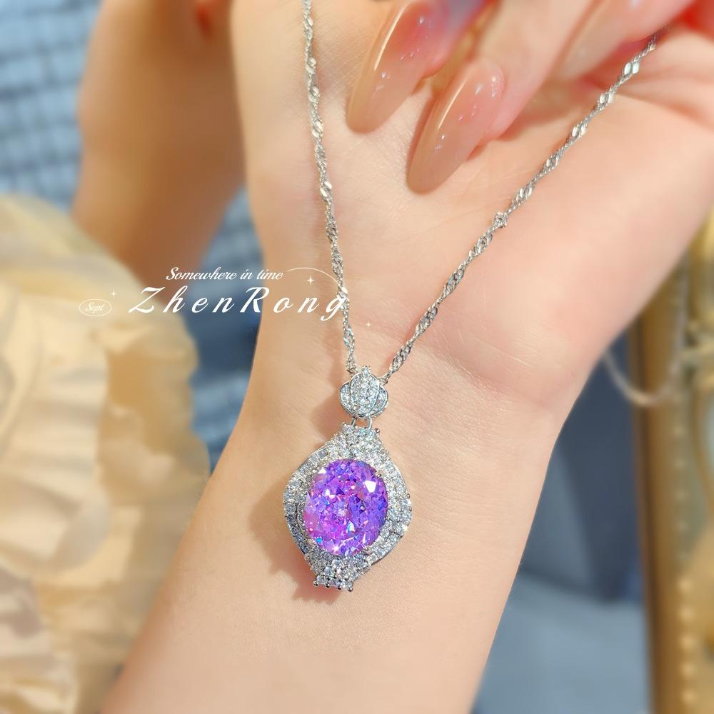 Elegant Purple Ice Cut Pendant Necklace Women Luxe New Chinese Jade Pot Design Radiant Jewelry