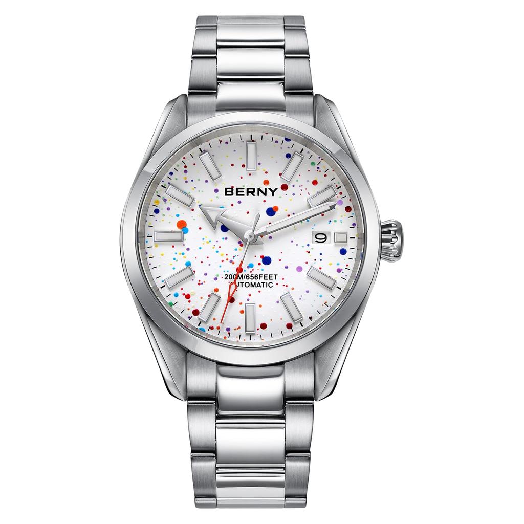 BERNY Automatikuhr für 200M Wasserdicht Superleuchtend Mechanisch Vollständig Edelstahl Analog Saphir Kalender Inklusive Herren, Herrenuhr, Silber, Uhr,