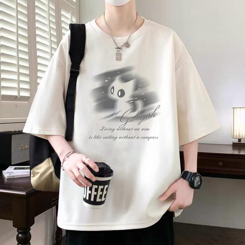 Shortsleeved Unisexs Cotton Tshirt for Summer Pure Cotton Cat Pattern Suitable for Teenagers Loose Fit Halfsleeved Top Dry