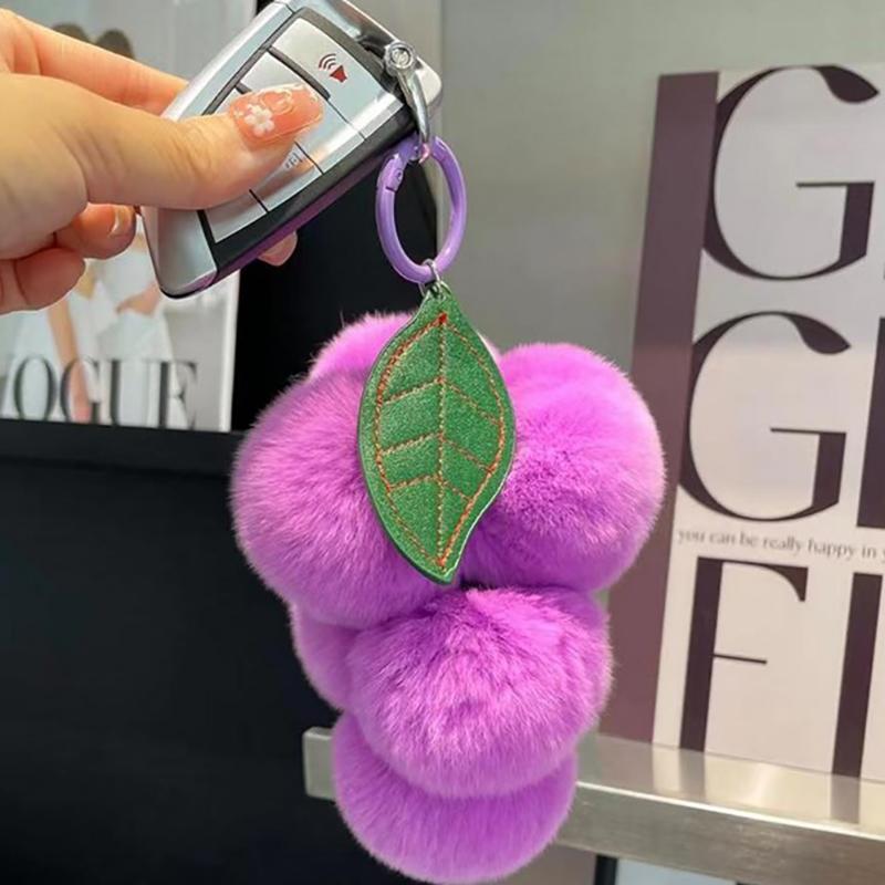 

1Pc Car Key Chain Lovely Grape Pom Poms Keychains Fluffy Pompoms Keychain Rex Rabbit Fur Pompoms Keyring Pendant Accessories