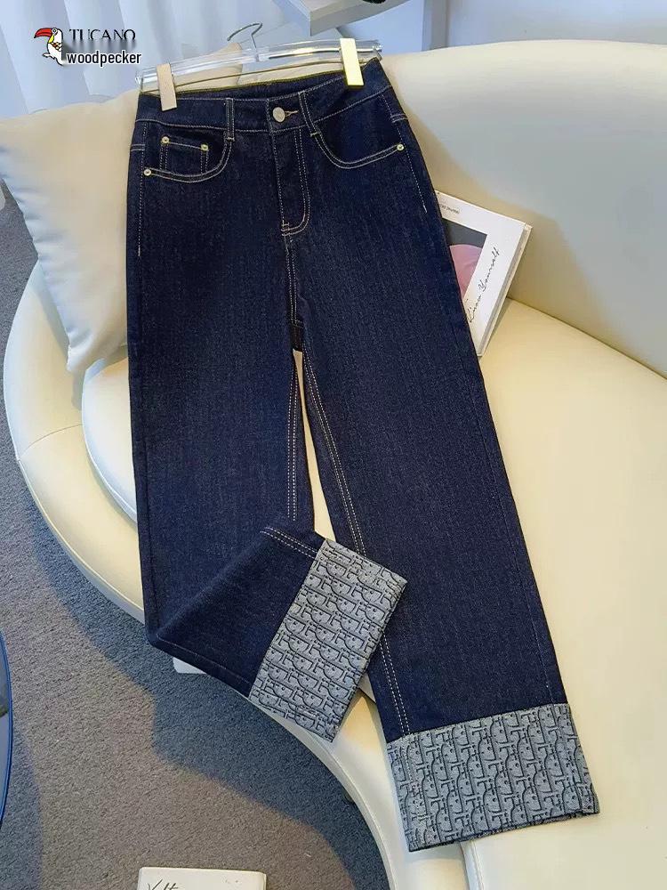 2025 Woodpecker Women's Narrow Leg Cropped Cigarette Jeans with Rolled Hem and Turn-Up Design