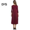 Women's Pleated A-line Midi Dress 3/4 Sleeve Crew Neck Swing Dress Summer Beach Vacation Flowy Sundress