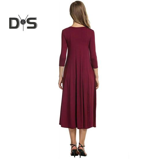 Women's Pleated A-line Midi Dress 3/4 Sleeve Crew Neck Swing Dress Summer Beach Vacation Flowy Sundress
