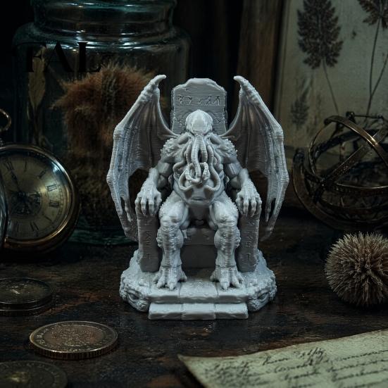 Lovecraftian Schreibtischdeko 3D-gedruckter Thron Cthulhu-Statue, Gotische Harzfigur für Regal & Dark Fantasy Raumdekor, Tentakelmonster-Figur,