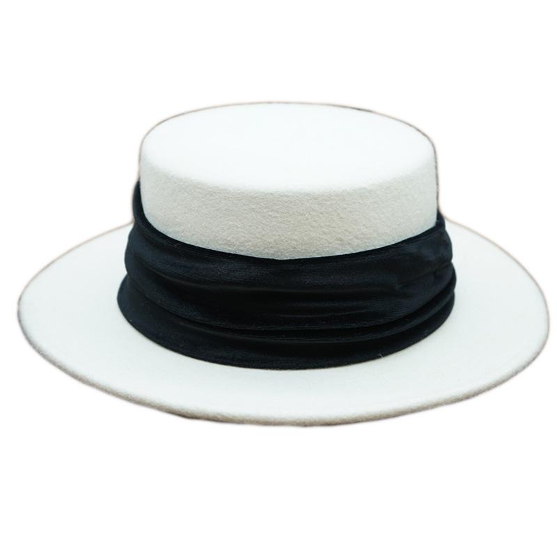 White Flat Top Small Brim Japanese French Retro British Elegant Velvet Woolen Top Hat Women'S Autumn And Winter Felt Hat