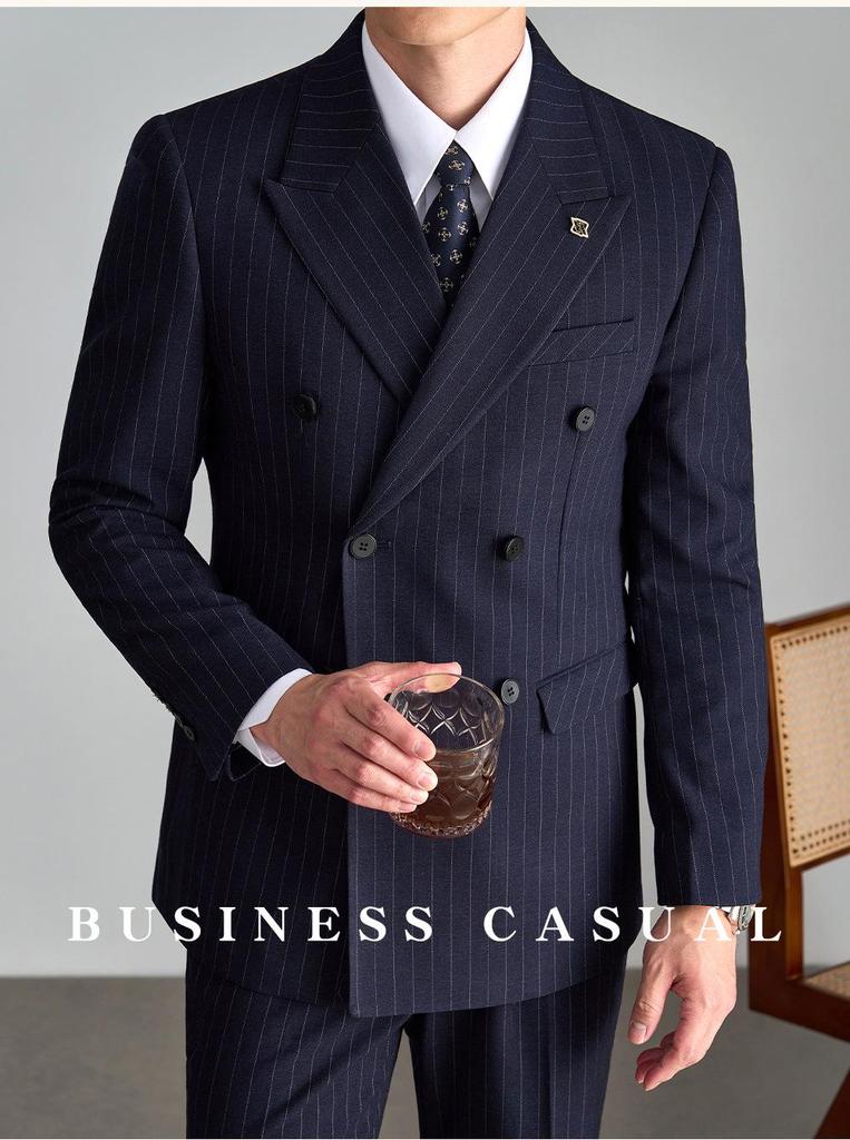 Men's Old Money Double-Breasted Striped Suit Set - Business Casual, High-End Professional Attire for Formal or Wedding Events