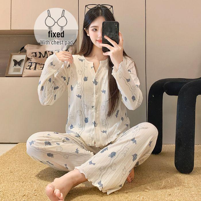Korean Floral Cotton Pajama Set for Women with Chest Pads - Pink, Autumn 2025