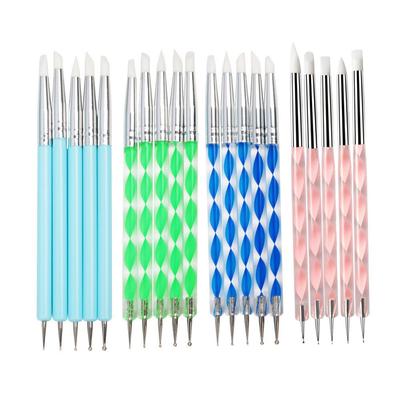 5Pcs 2 Way Silicone Acrylic Nail Brushes Dual-Ended Carving Dotting Tips for UV Gel Stainless Steel Dotting Pens Painting Tools