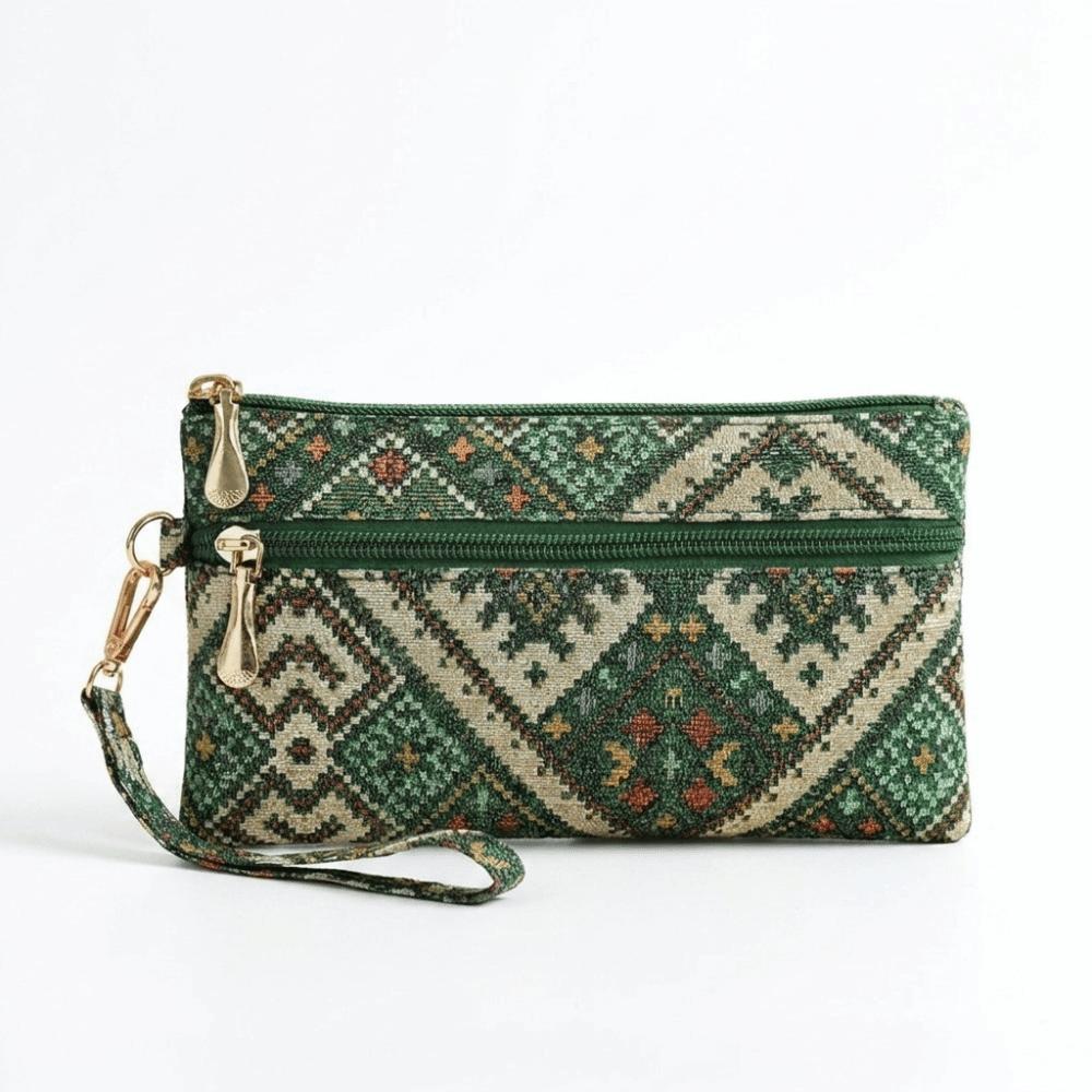 Retro Ethnic Style Clutch Purse Double Zipper Wristlet Wallet Long Wallet Cell Phone Storage