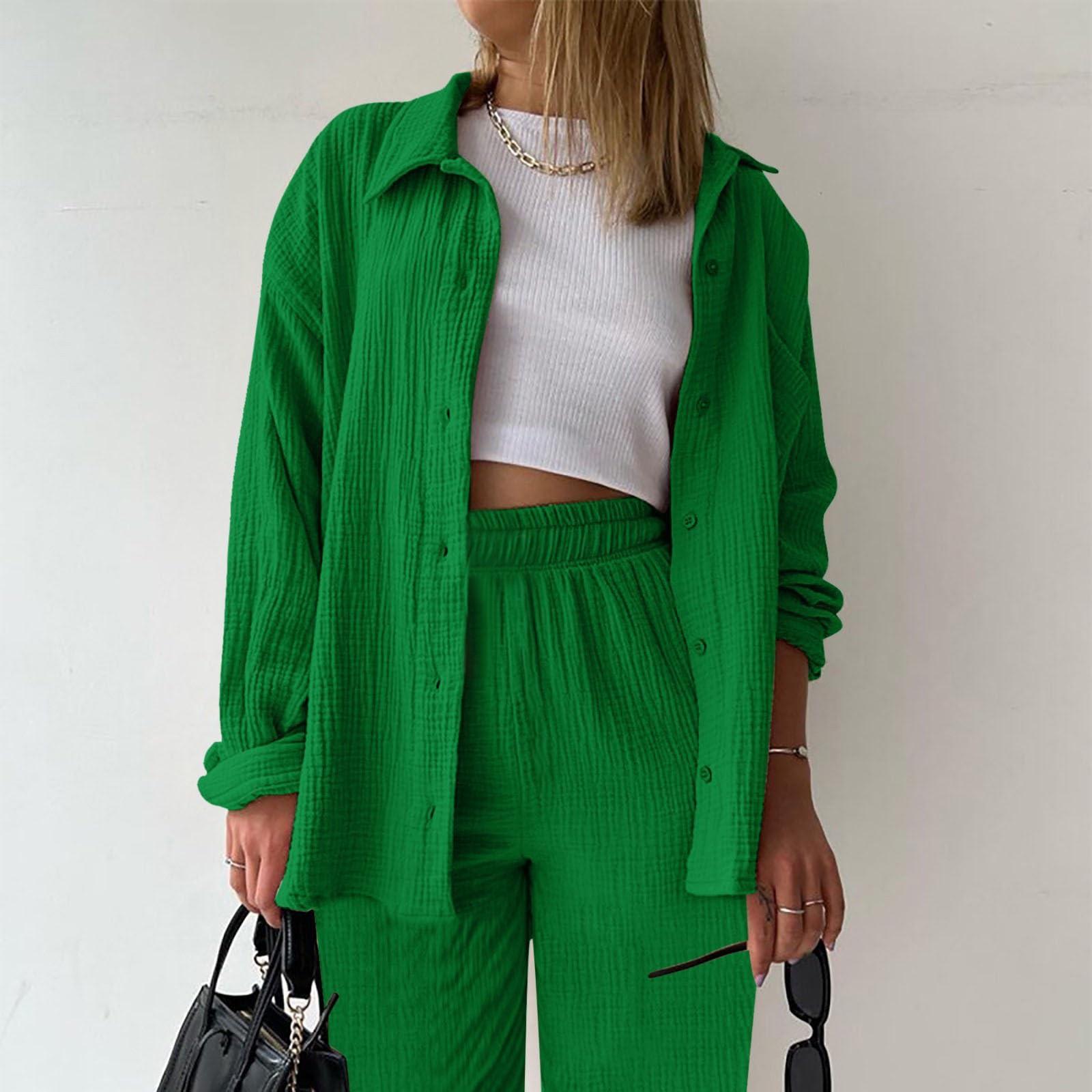 

Двухсекционный женский костюм летняя муслиновая рубашка и брюки одежда двухсекционный пляжный костюм двухсекционный женский костюм XL зелёный