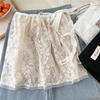 Women's White Floral Mesh Peplum Ballet-Style Lace Midi Skirt - Korean Dongdaemun Spring/Autumn Fashion