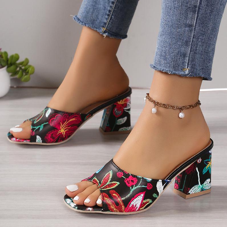 European & American Embroidered Open Toe High Heel Square Toe Sandals - Women's Plus Size, Chunky Heel, One-Strap Fashion Slippers