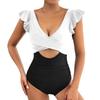 1011 European Beautiful Women's One-piece Swimsuit Pleated Hollow Slim V-neck Contrasting Color Ruffle Edge Splicing Swimsuit