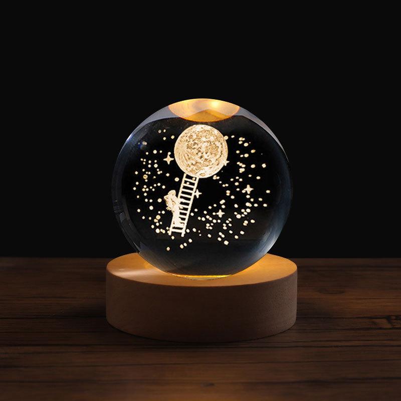 8cm Crystal Ball Night Light Galaxy 3D Laser Engraved Ornament Wooden Galaxy Night Lamp