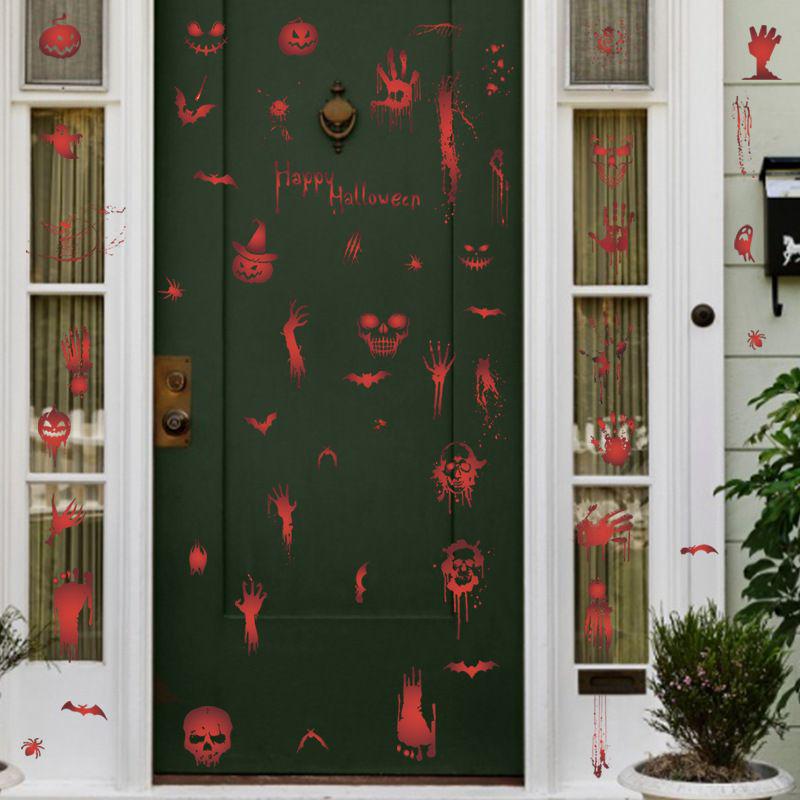 55 Halloween Sticker Patterns: Blood Handprints & Skulls Self-Adhesive Wall Decorations