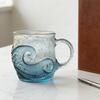 Sea Glass Sunset Mug Thickened Glass with Wave Texture Gradient Color Water Cup Non-Slip Handle Glassware for Coffee Juice Iced Drinks