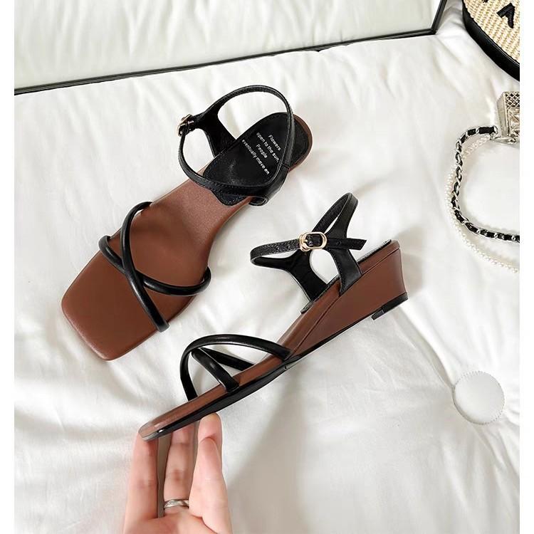 Sheepskin version~ Temperament slope heel cross with open-toed square head sandals women's one-button retro beach shoes