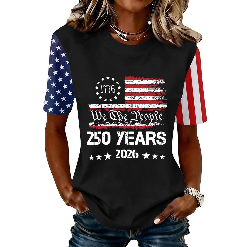 Blusa Feminina da Moda Casual de Manga Curta com Estampa e Gola Redonda