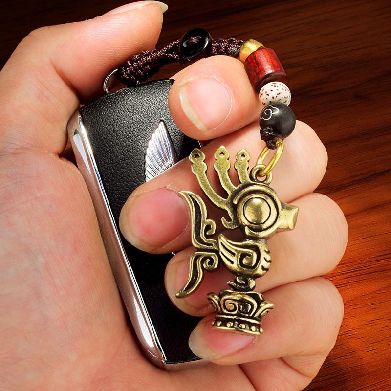 1Pc Vintage Brass Sanxingdui Prayer Priest Keychains Lanyard Pendants Handmade Rope Car Key Chain Rings Hanging
