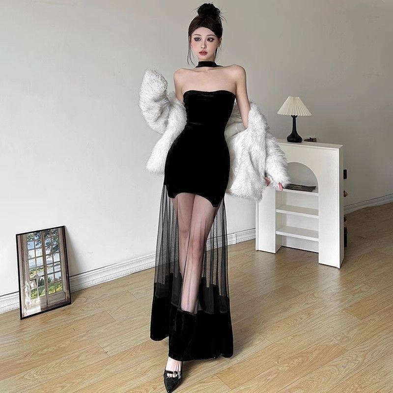 2026 Spice Girl Mesh Design Sense Solid Color Velvet Dress Women's Pure Birthday Party Dress Skinny Dress