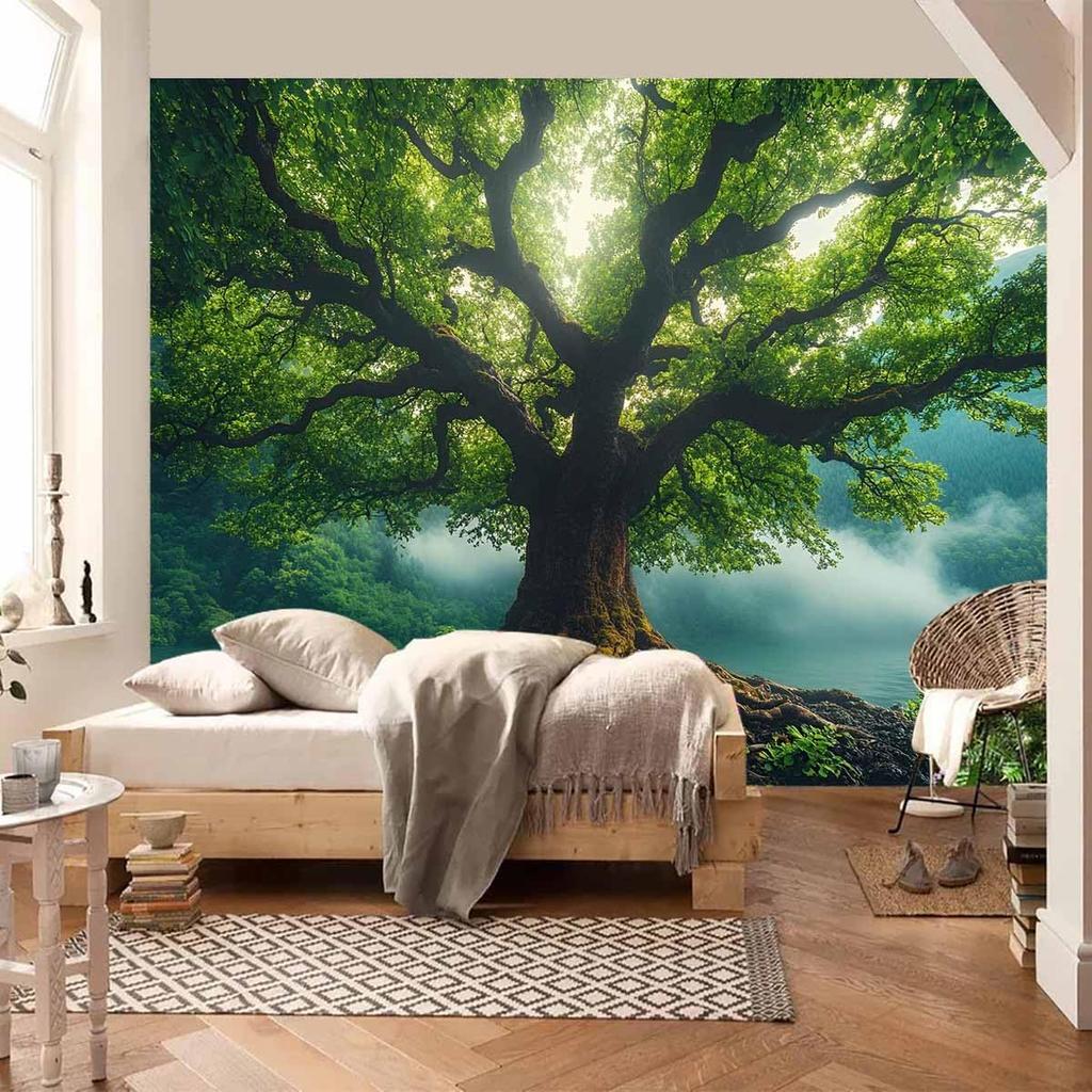 Nature Green Misty Forest Tree Tapestry Large Landscape Tree Of Life 3D Print Jungle Scenery Tapestries Wall Hanging For Bedroom