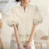 ZANZEA Women Stand Collar Casual Lace Crochet Splice Half Sleeve Blouse