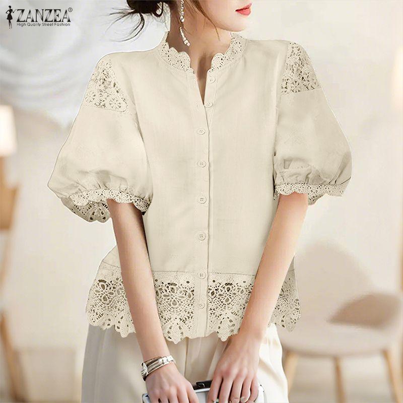 ZANZEA Women Stand Collar Casual Lace Crochet Splice Half Sleeve Blouse