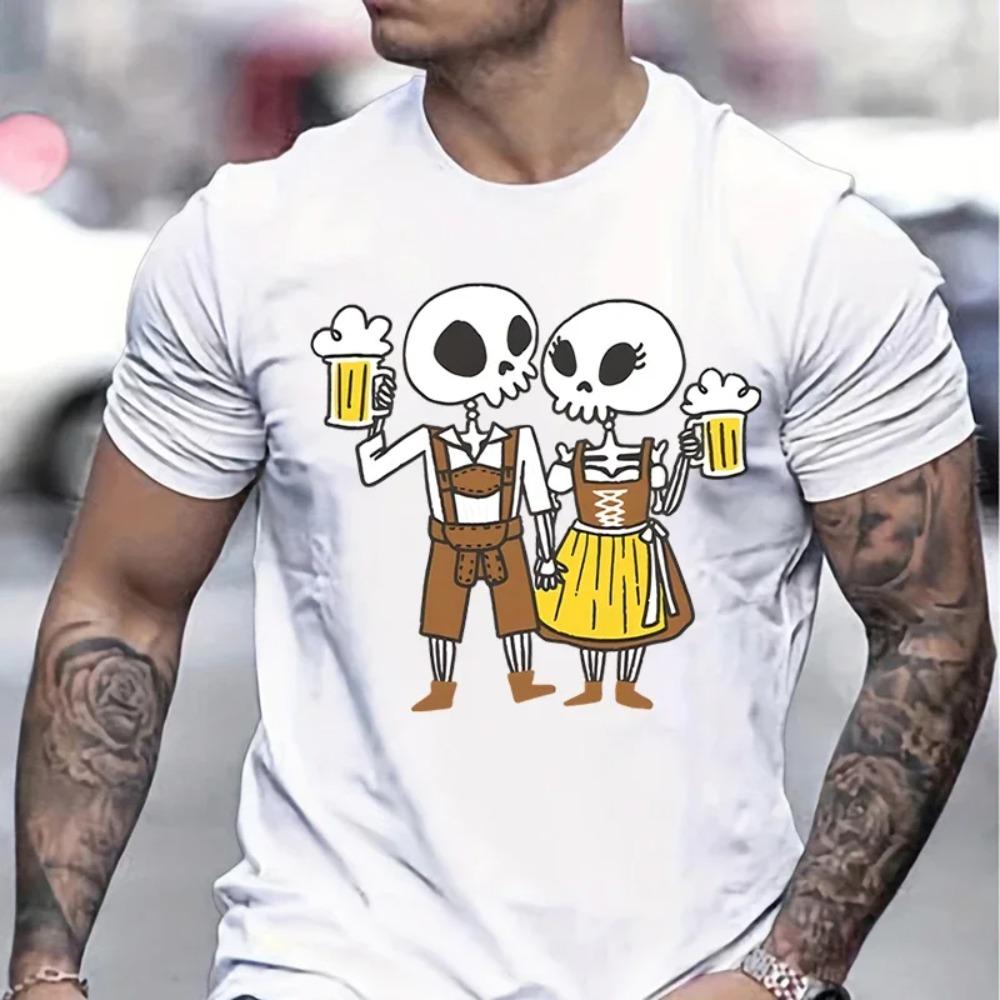 Skeleton Couple Drinking Beer Print T-shirts Beer Lover Essential Summer Clothes Skull Cheers Beers Print Fashion Mens T-shirt