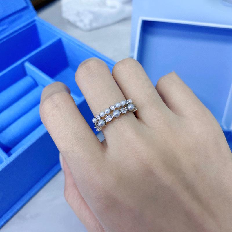Howfang Bubble Double Layer Pearl & Zircon Sterling Silver Ring - Women's Light Luxury I-Shaped Index Finger Jewelry.