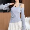 Off-the-Shoulder Floral Patchwork Long-Sleeve T-Shirt for Women, Spring/Autumn, Slimming Sweet & Spicy Design