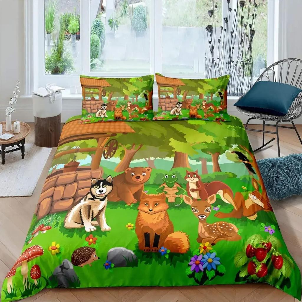 Cartoon Tiere Bettbezug Set King Size Savanne Tropischer Wald Dschungel Wildtiere Bettwäsche Set Kinder Zoo Polyester Bettdeckenbezug