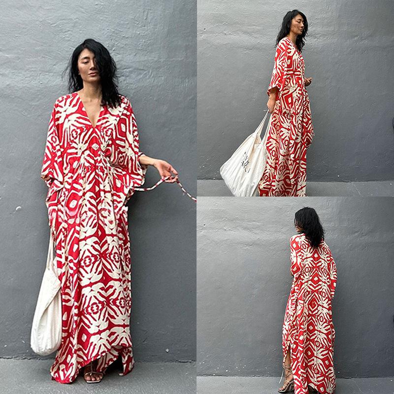 Cotton Drawstring Holiday Beach Dress Women's Sunscreen Loose Large Size Long Dress Bikini Overcoat