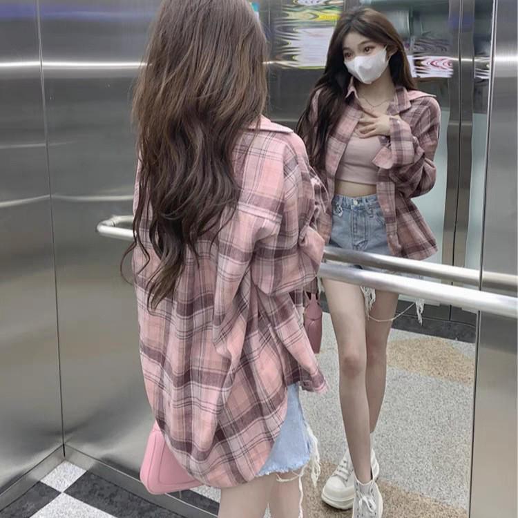 Women's Pink Plaid Polo Collar Shirt Jacket - 2024 Summer, Mid-Length, Sun Protection, Long Sleeve Top