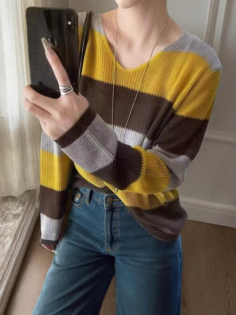 Women's V-Neck Color Block Striped Knit Pullover Sweater - 2025 Autumn Fashion