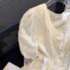 Embroidered Jacquard Craft Puff Sleeves French Design Sense V-neck Waist Fashion Loose Chiffon Short-sleeved Lace Shirt Women