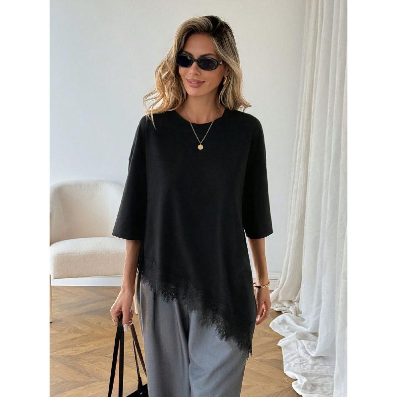 2026 Women's Short Sleeve Asymmetrical Lace Patchwork T-Shirt Loose Bat Sleeve Top