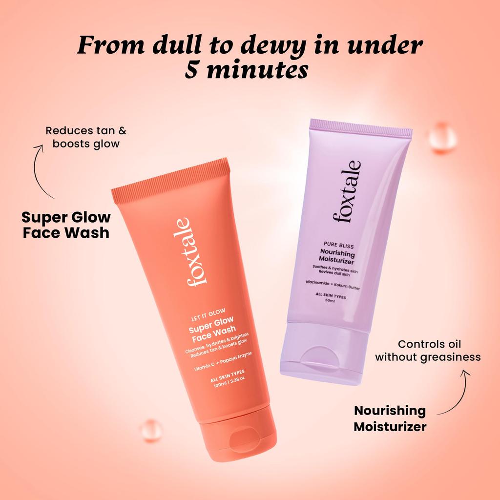 Foxtale Daily Glow Combo | Super Glow Face Wash with Vitamin C + Nourishing Moisturizer with Niacinamide | Brightens, Hydrates & Evens Skin Tone |