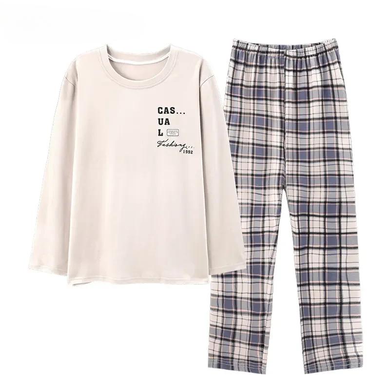 Podzimní zimní pánské domácí obleky s dlouhým rukávem, kalhoty, obleky, pyžama pro muže, pletené bavlněné kostkované pyžamo